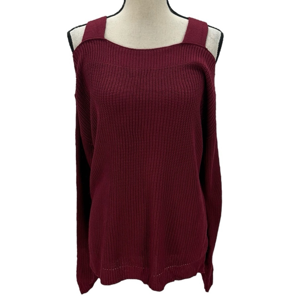 Hooked Up Long Sleeve Cold Shoulder Tank Straps Sweater - Maroon Red - Medium